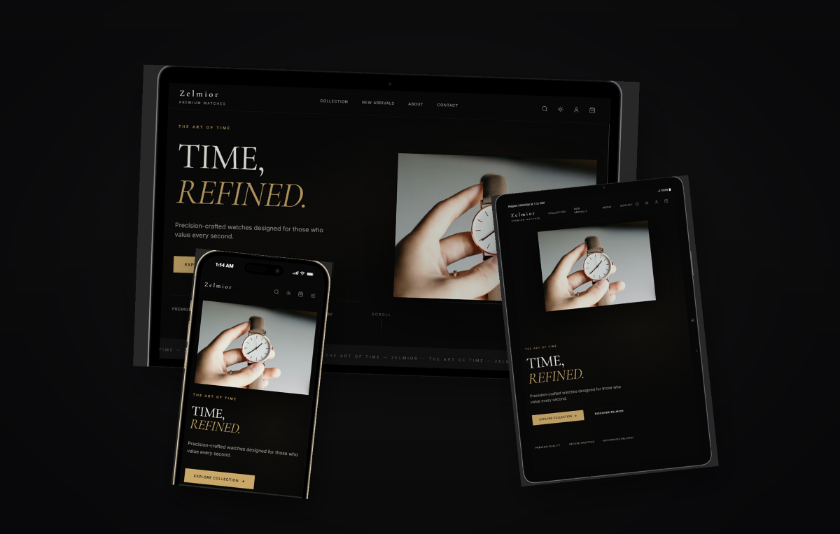 Preview of the Zelmior Watches storefront on desktop and mobile